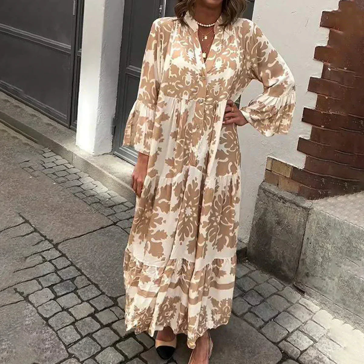 Boho Floral Print Maxi Dress with Puff Sleeves and Tiered Skirt