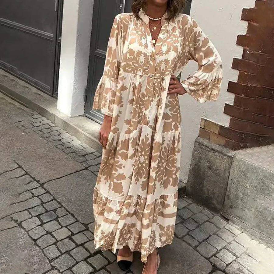 Boho Floral Print Maxi Dress with Puff Sleeves and Tiered Skirt