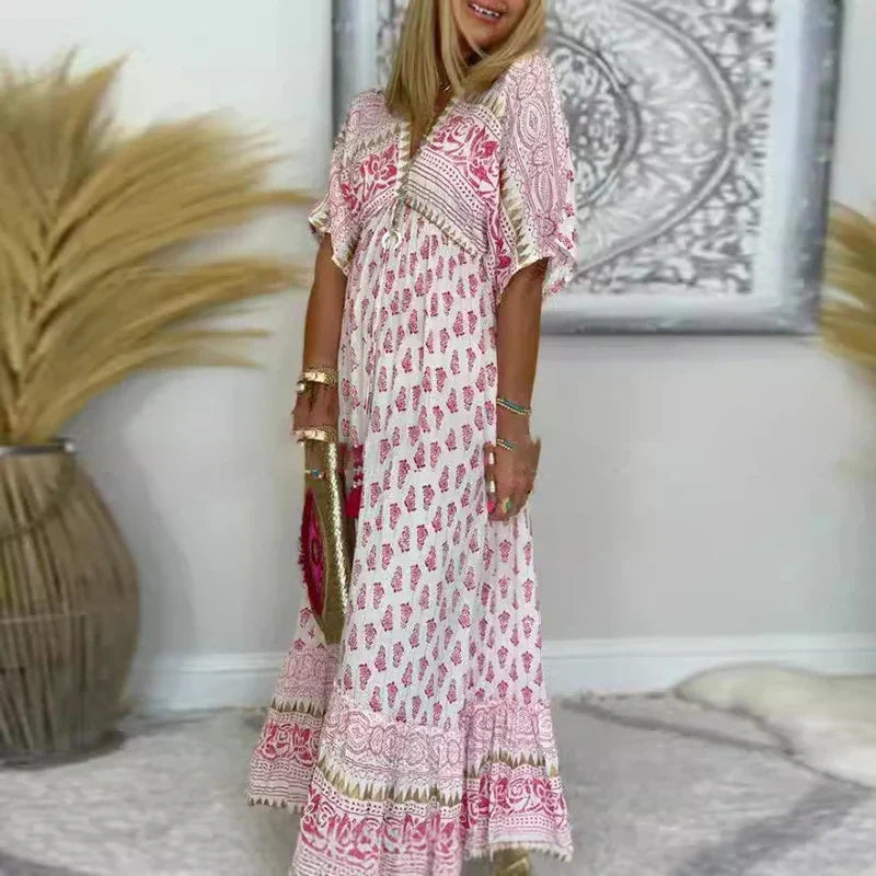 Boho Floral Print Maxi Dress with V-Neckline and Short Sleeves