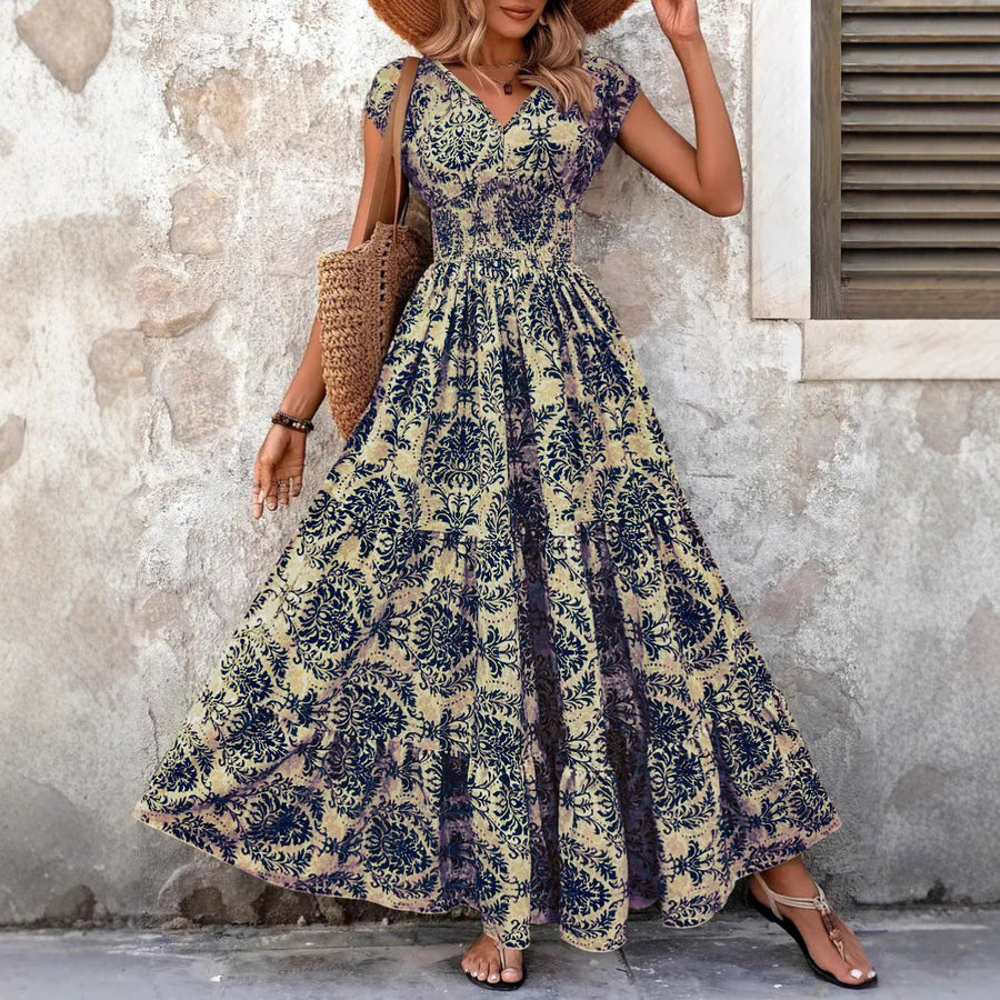 Boho Floral Print Maxi Dress with V-Neckline and Smocked Waist