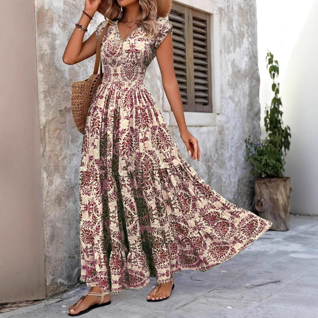 Boho Floral Print Maxi Dress with V-Neckline and Smocked Waist