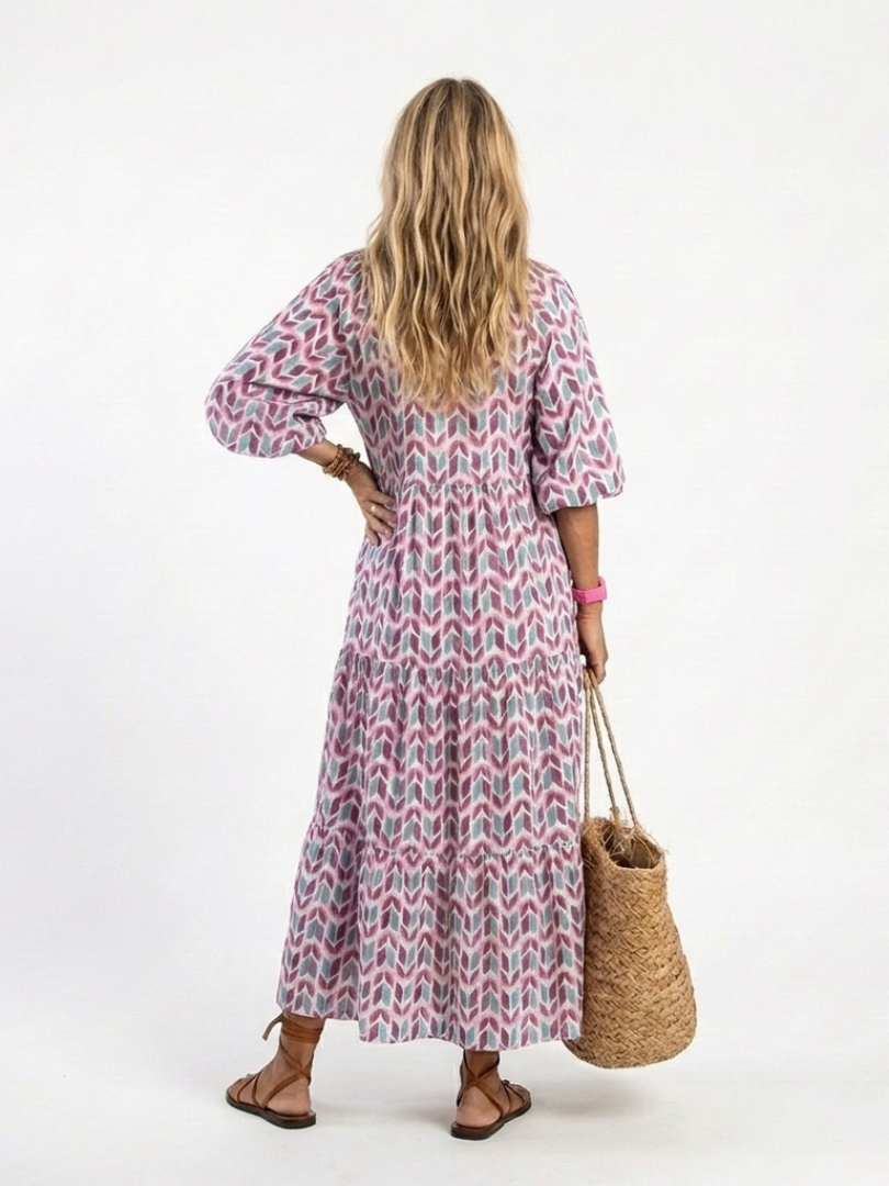 Boho Geometric Print Maxi Dress with Puff Sleeves and Tiered Skirt