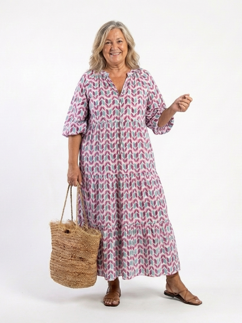 Boho Geometric Print Maxi Dress with Puff Sleeves and Tiered Skirt