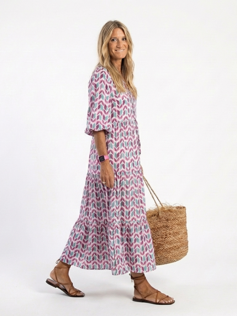 Boho Geometric Print Maxi Dress with Puff Sleeves and Tiered Skirt