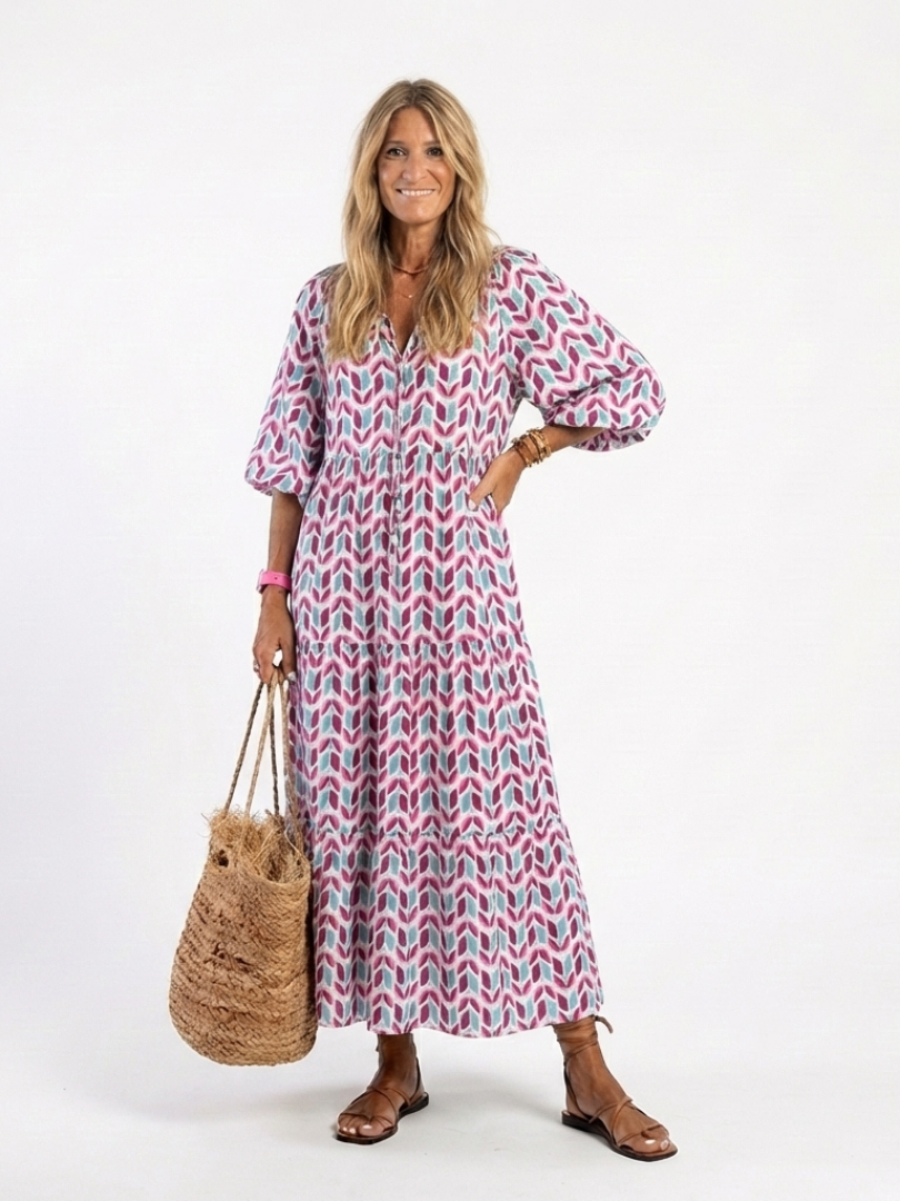 Boho Geometric Print Maxi Dress with Puff Sleeves and Tiered Skirt