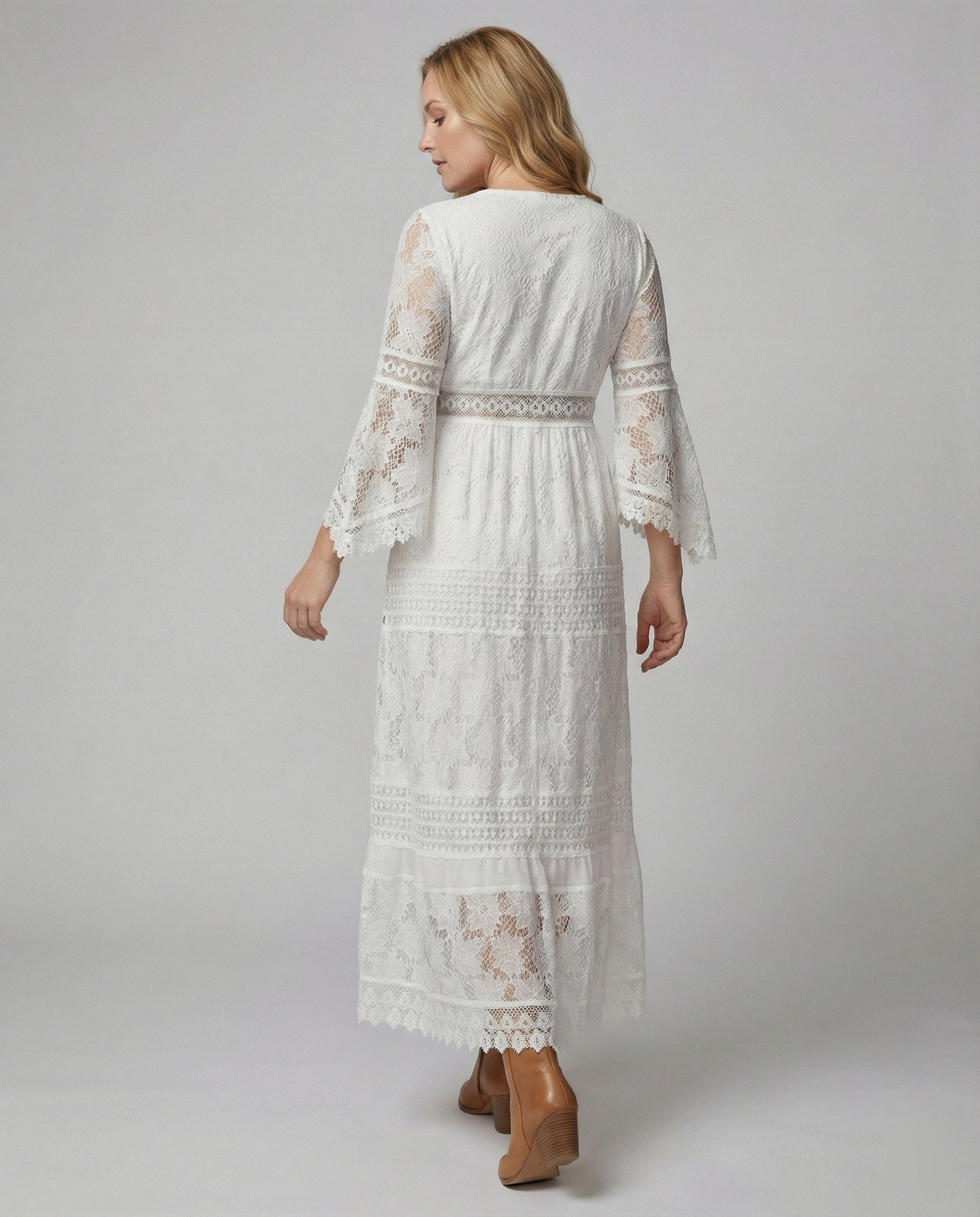 Boho Lace Maxi Dress with Bell Sleeves and Gold Embroidered Trim