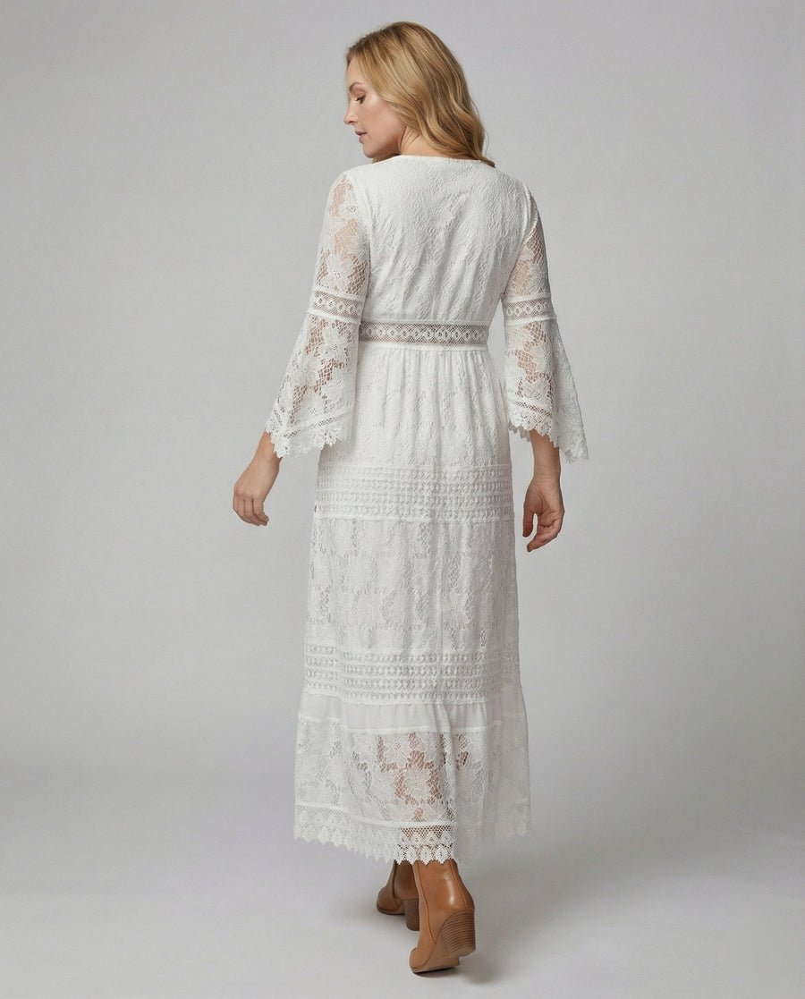 Boho Lace Maxi Dress with Bell Sleeves and Gold Embroidered Trim