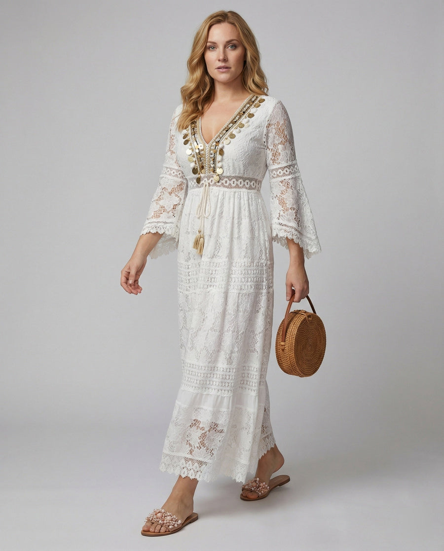 Boho Lace Maxi Dress with Bell Sleeves and Gold Embroidered Trim