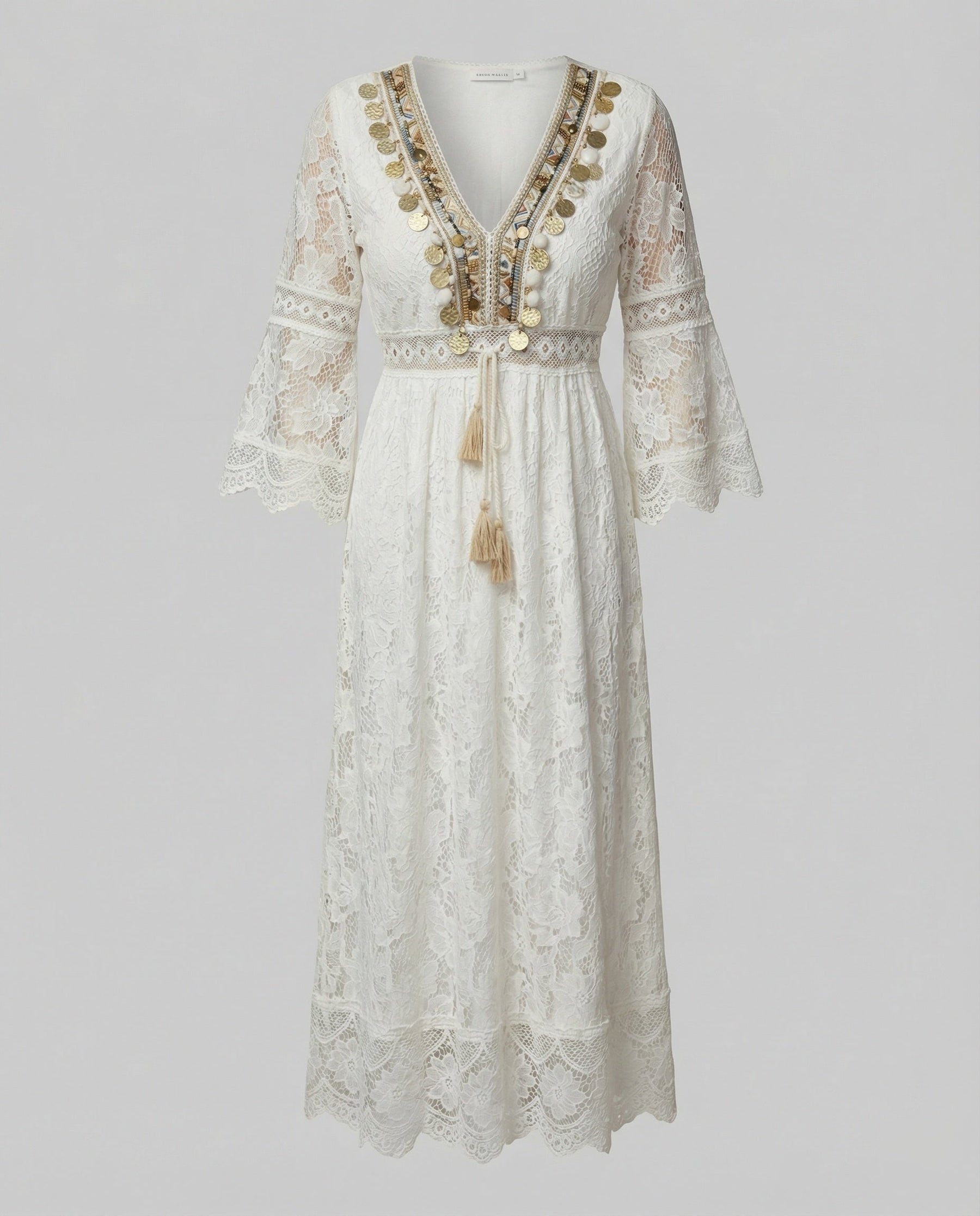 Boho Lace Maxi Dress with Bell Sleeves and Gold Embroidered Trim