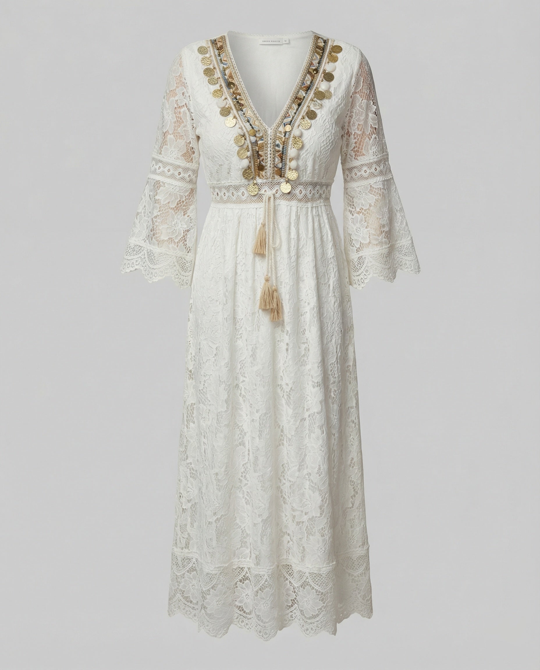 Boho Lace Maxi Dress with Bell Sleeves and Gold Embroidered Trim