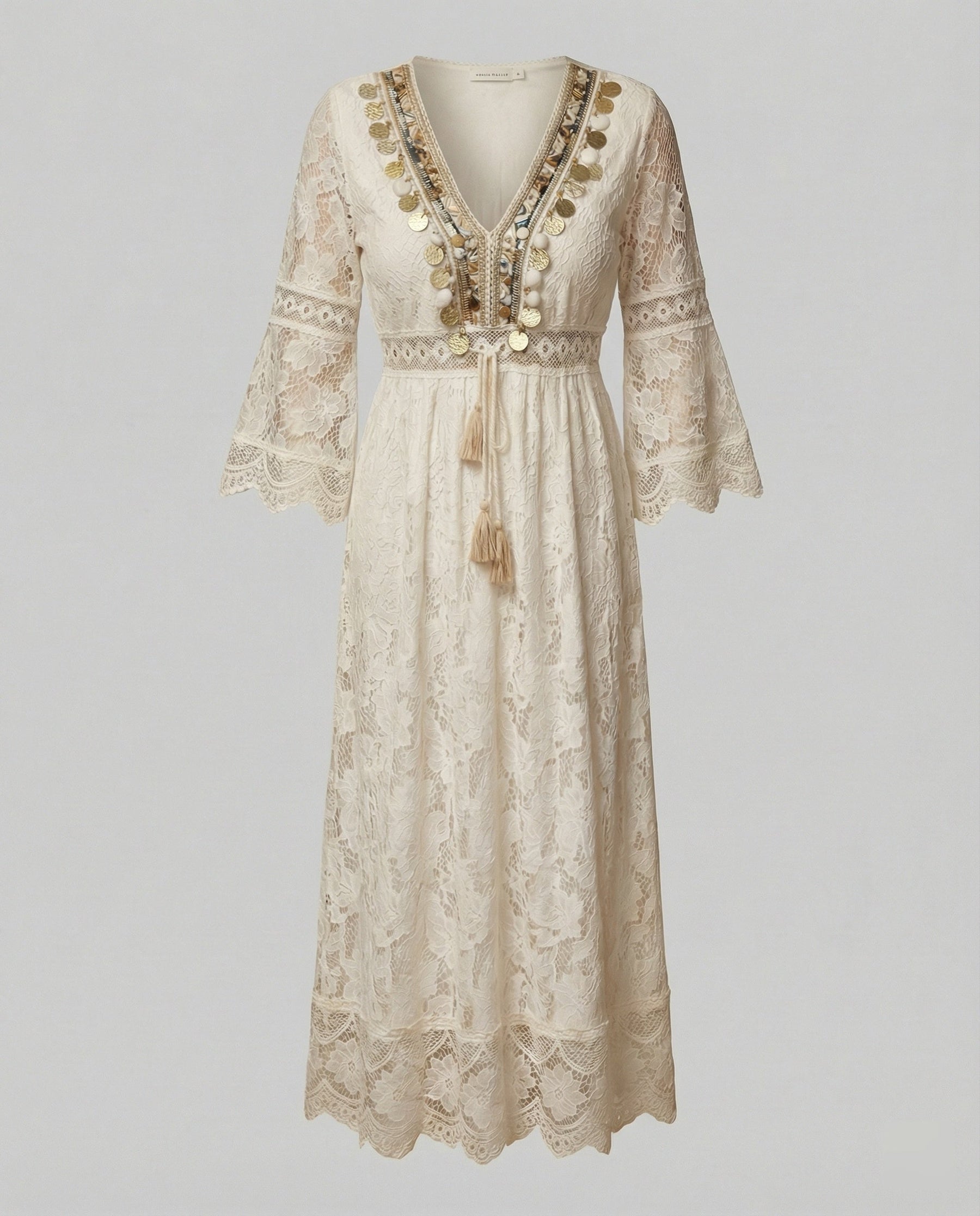 Boho Lace Maxi Dress with Bell Sleeves and Gold Embroidered Trim