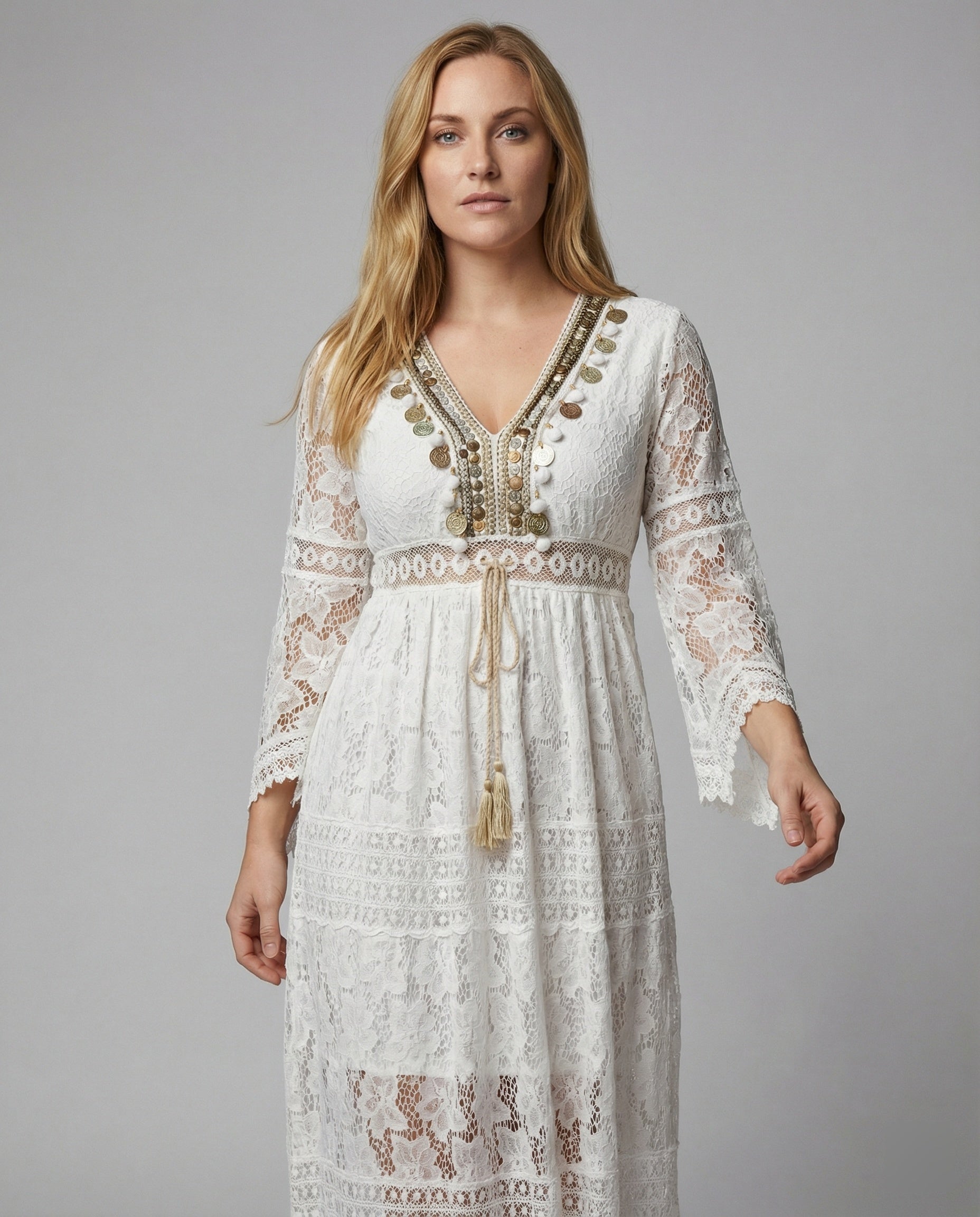 Boho Lace Maxi Dress with Bell Sleeves and Gold Embroidered Trim