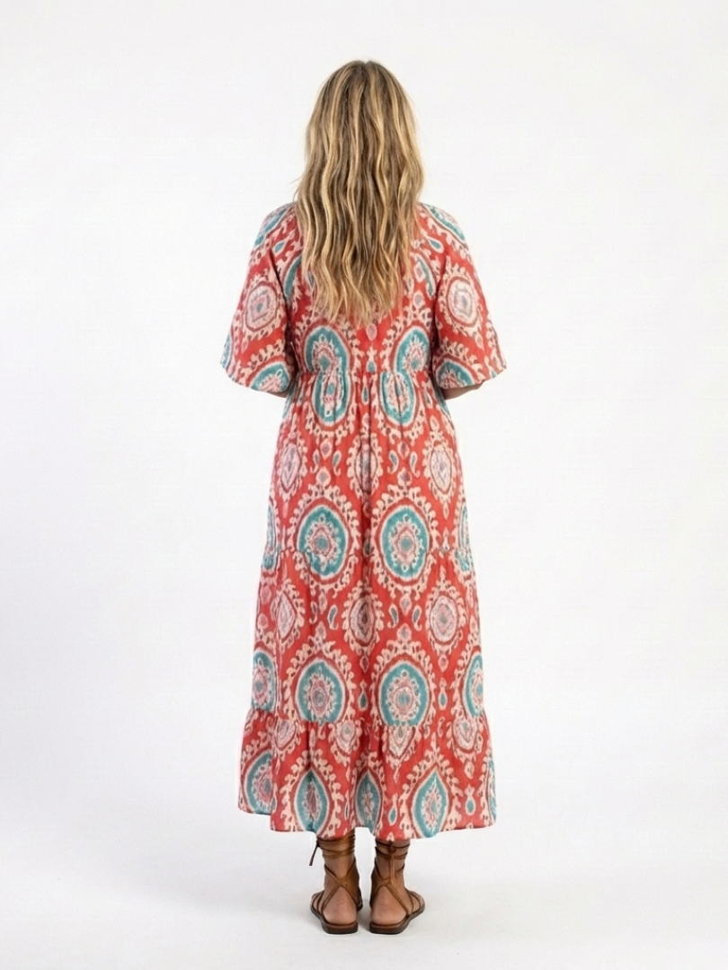 Boho Medallion Print Midi Dress with Kimono Sleeves and Ruffle Hem