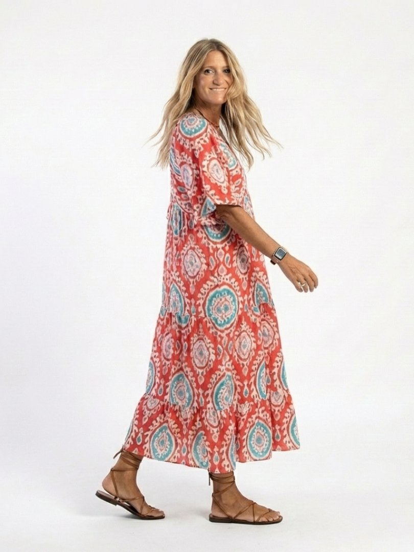 Boho Medallion Print Midi Dress with Kimono Sleeves and Ruffle Hem