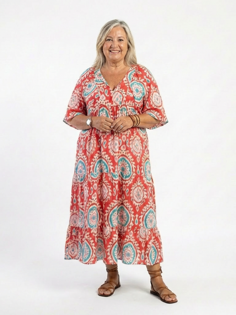 Boho Medallion Print Midi Dress with Kimono Sleeves and Ruffle Hem