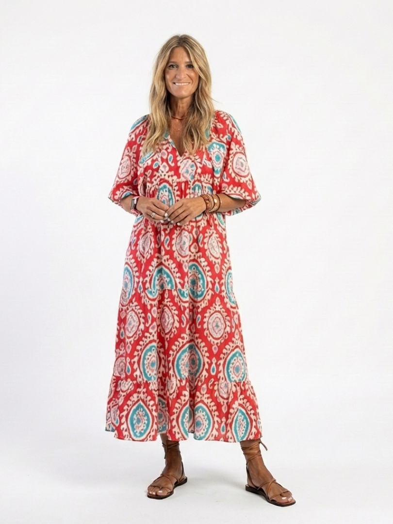 Boho Medallion Print Midi Dress with Kimono Sleeves and Ruffle Hem
