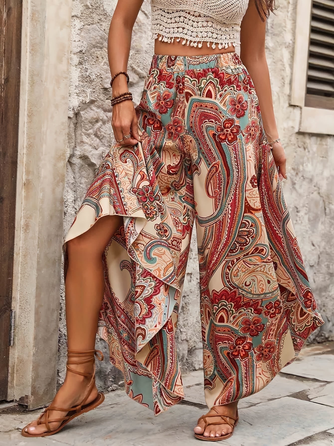 Boho Paisley Print Palazzo Trousers with Elasticated Waist and Asymmetric Hem