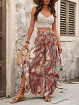 Boho Paisley Print Palazzo Trousers with Elasticated Waist and Asymmetric Hem