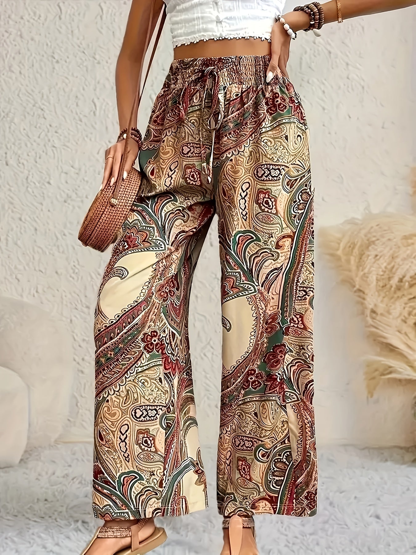 Boho Paisley Print Palazzo Trousers with Smocked Elasticated Waist