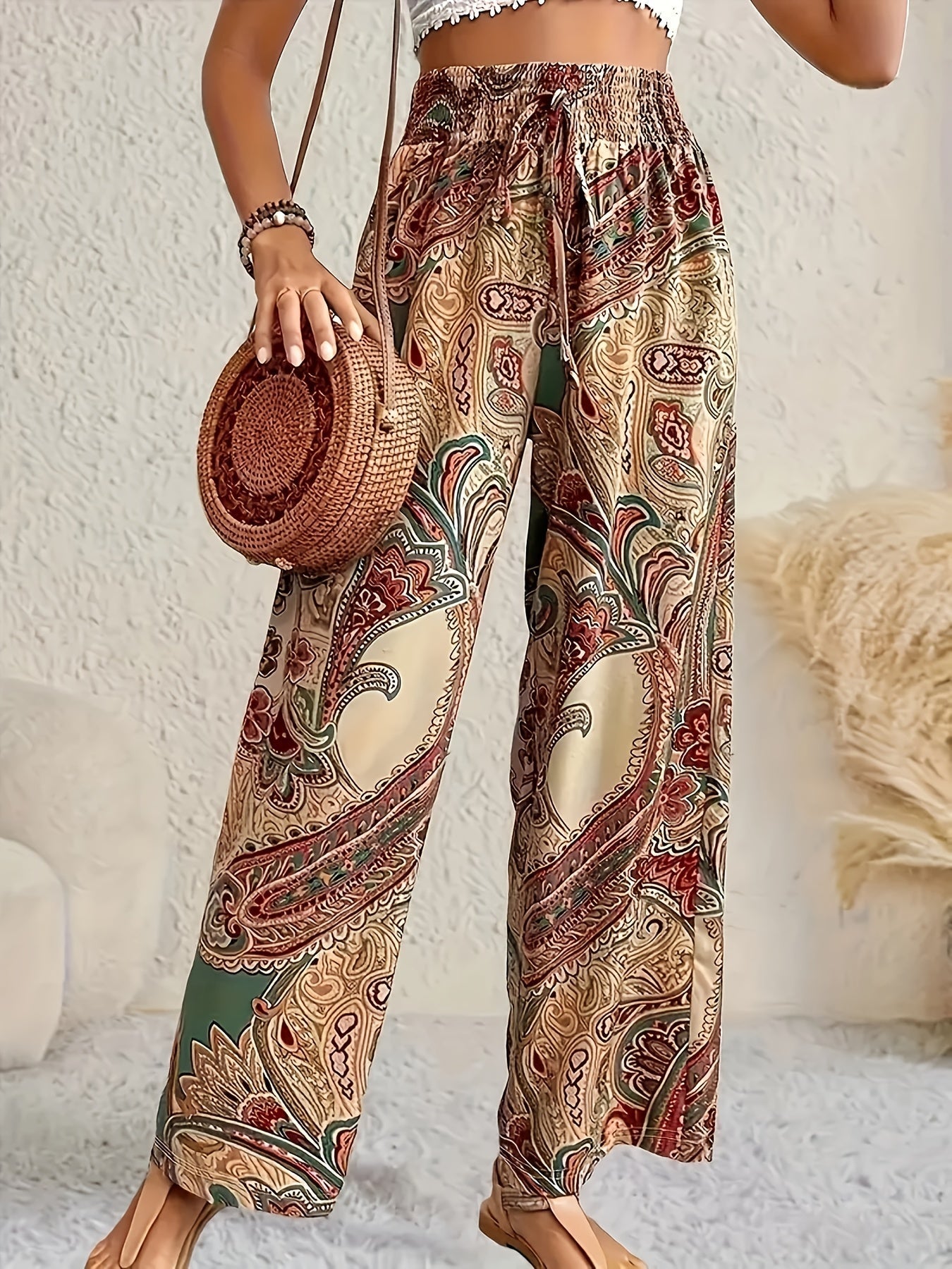 Boho Paisley Print Palazzo Trousers with Smocked Elasticated Waist