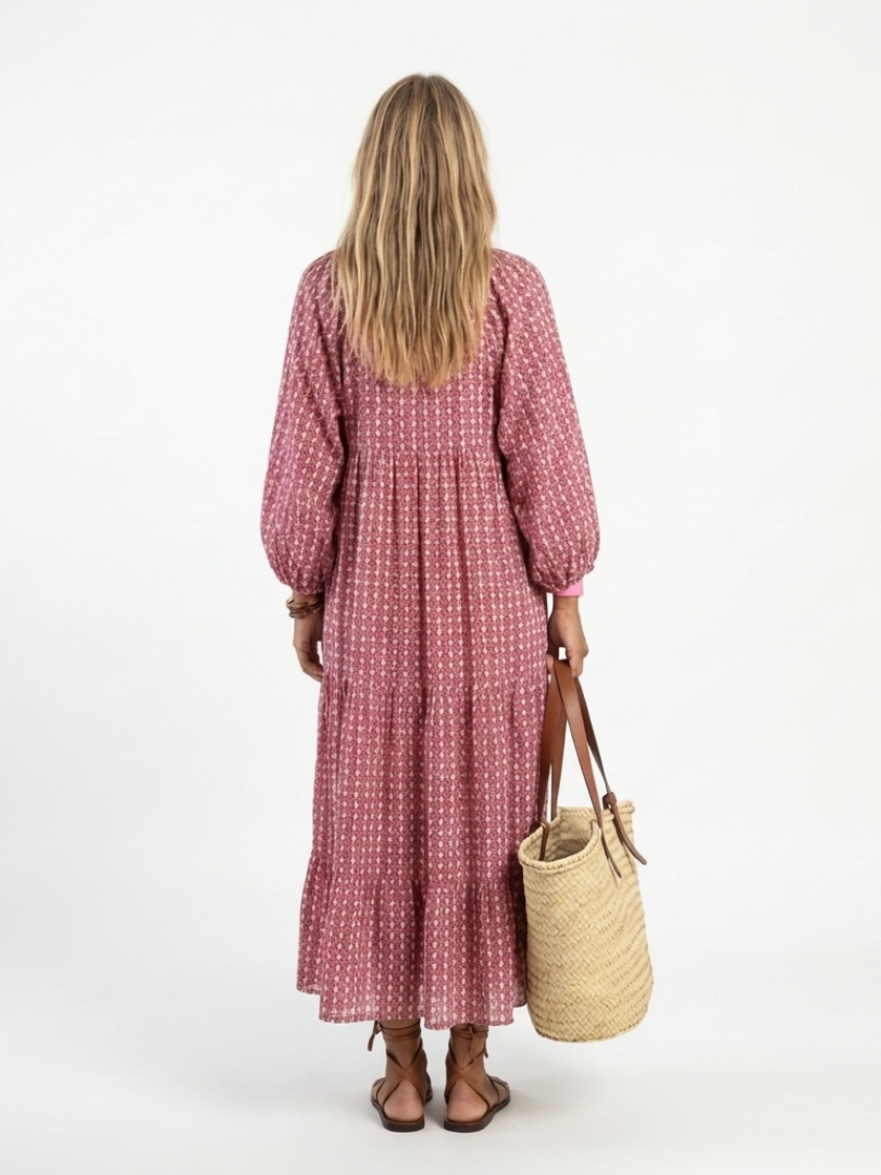 Boho Printed Maxi Dress with Balloon Sleeves and Tiered Skirt
