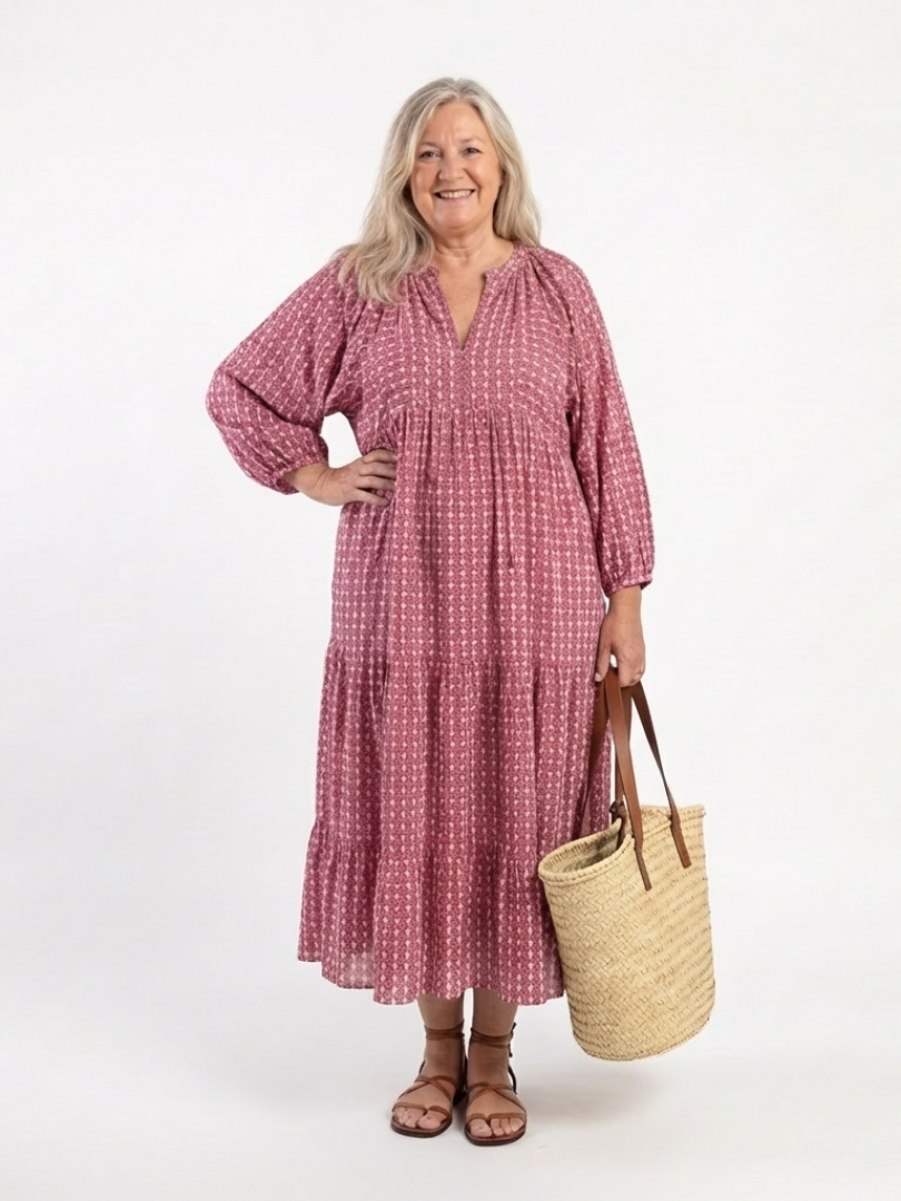 Boho Printed Maxi Dress with Balloon Sleeves and Tiered Skirt