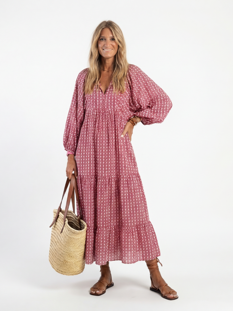 Boho Printed Maxi Dress with Balloon Sleeves and Tiered Skirt