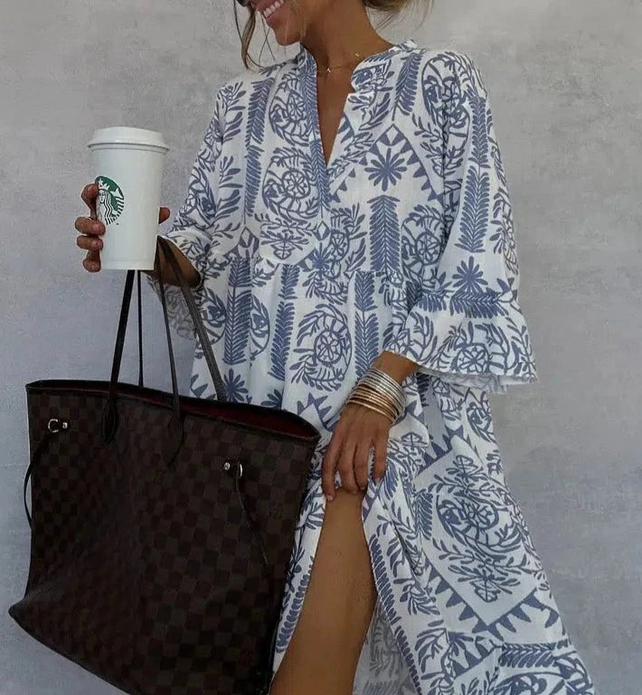 Boho Printed Midi Dress with V-Neckline and Flared Sleeves
