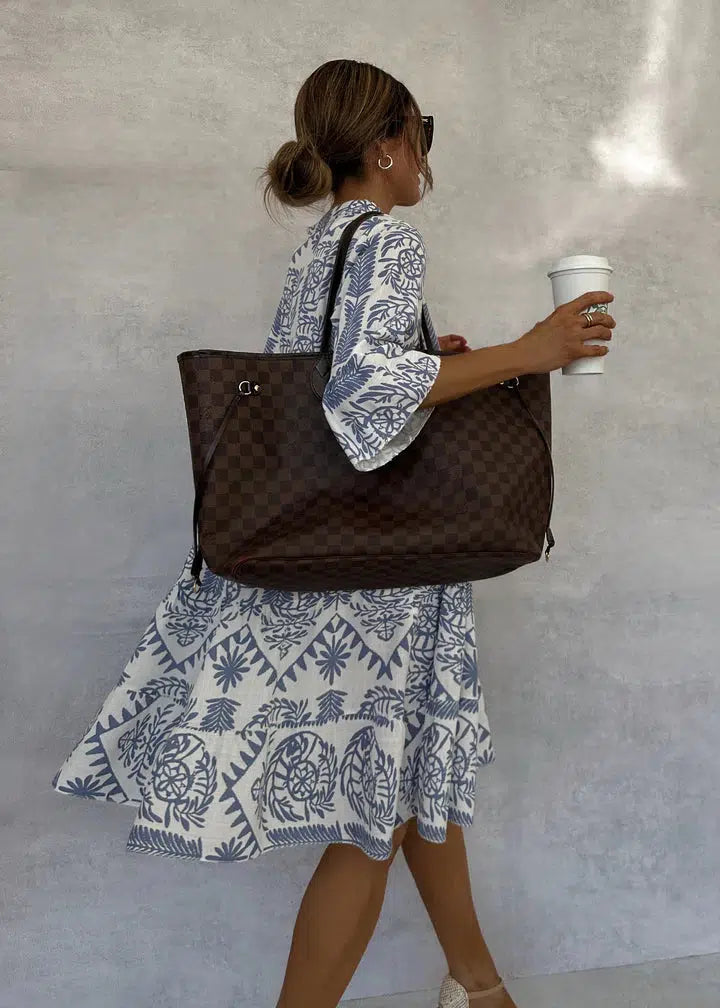 Boho Printed Midi Dress with V-Neckline and Flared Sleeves