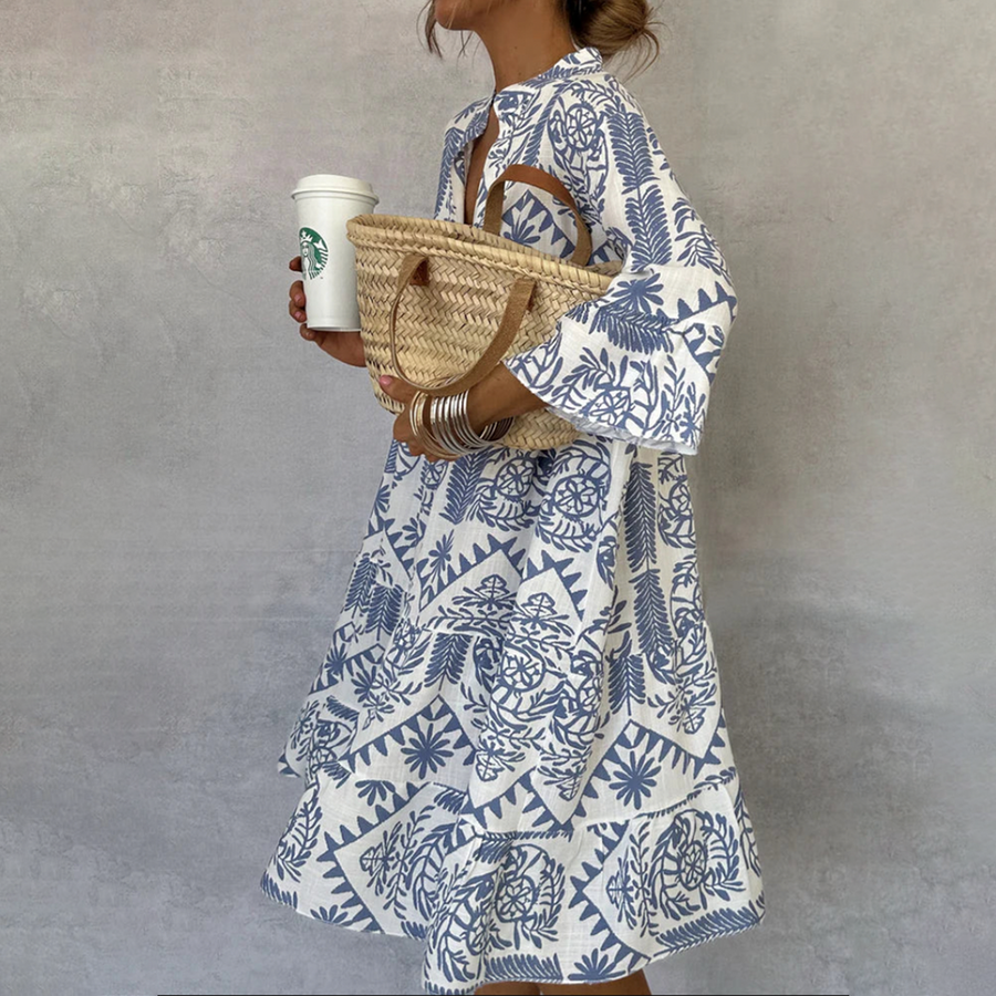 Boho Printed Midi Dress with V-Neckline and Flared Sleeves