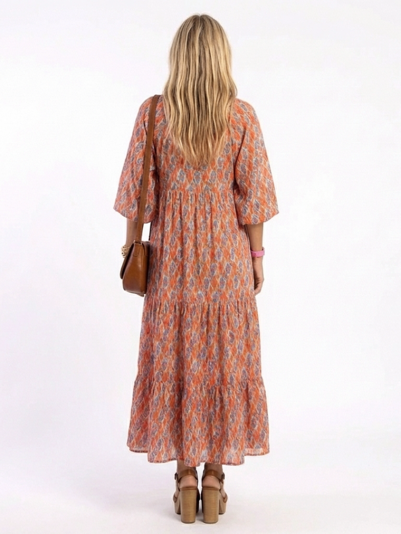 Boho Tiered Maxi Dress with Puff Sleeves and V-Neckline