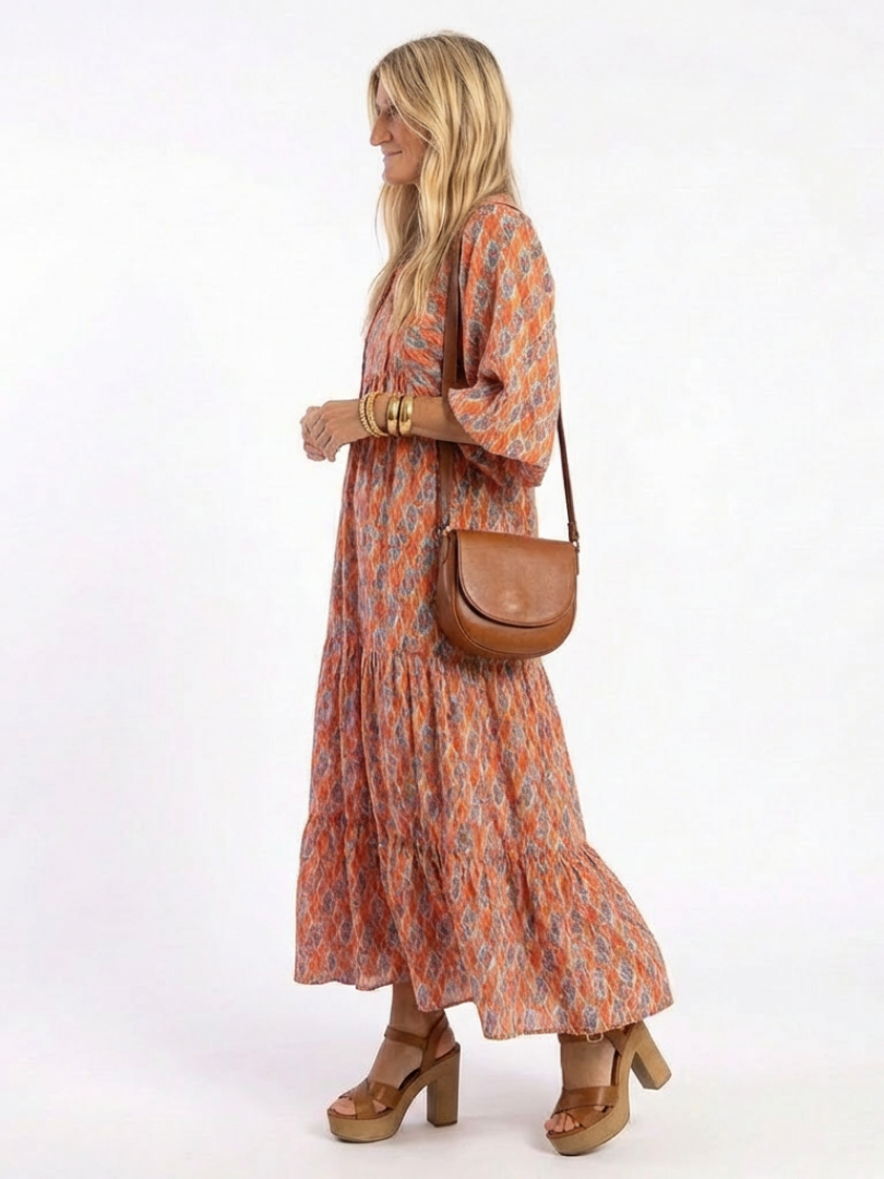 Boho Tiered Maxi Dress with Puff Sleeves and V-Neckline