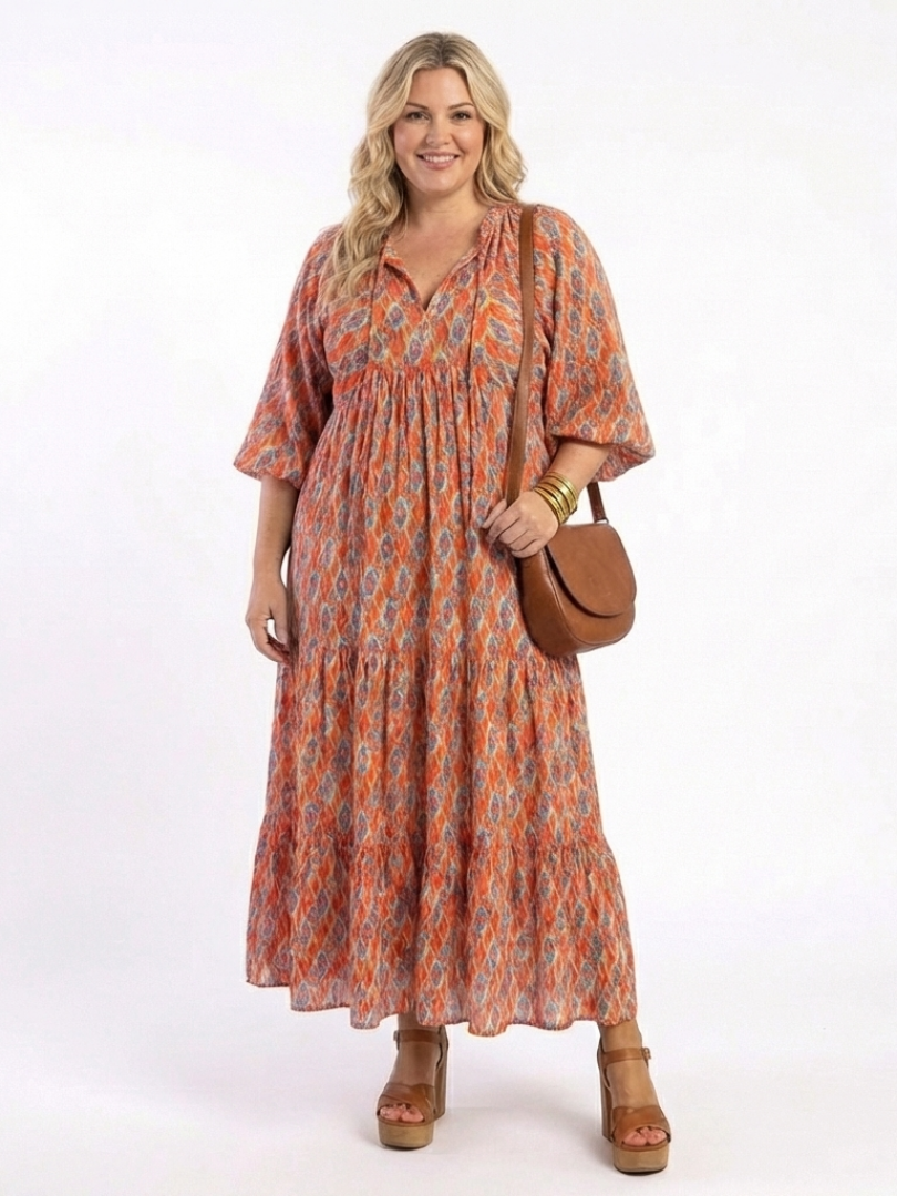 Boho Tiered Maxi Dress with Puff Sleeves and V-Neckline
