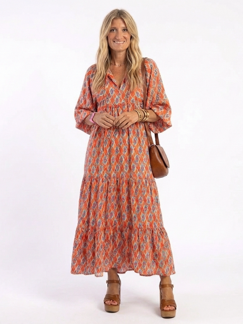 Boho Tiered Maxi Dress with Puff Sleeves and V-Neckline