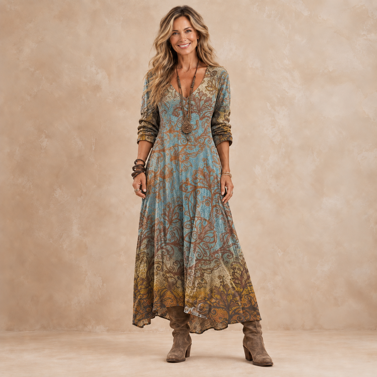ORLAITH | BLUE PAISLEY PRINT V-NECK MAXI DRESS
