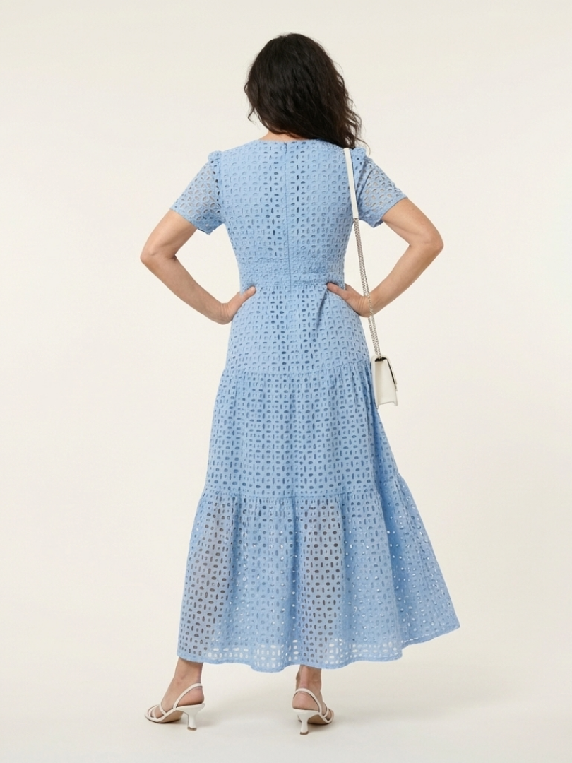 Broderie Anglaise Tiered Maxi Dress with Short Sleeves and V-Neckline