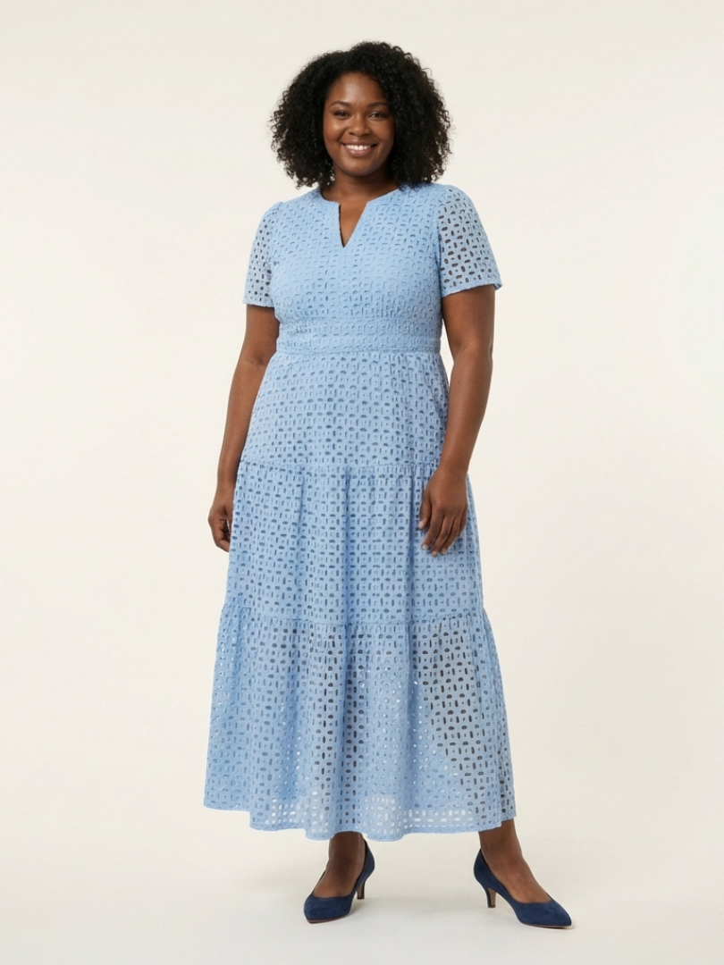 Broderie Anglaise Tiered Maxi Dress with Short Sleeves and V-Neckline