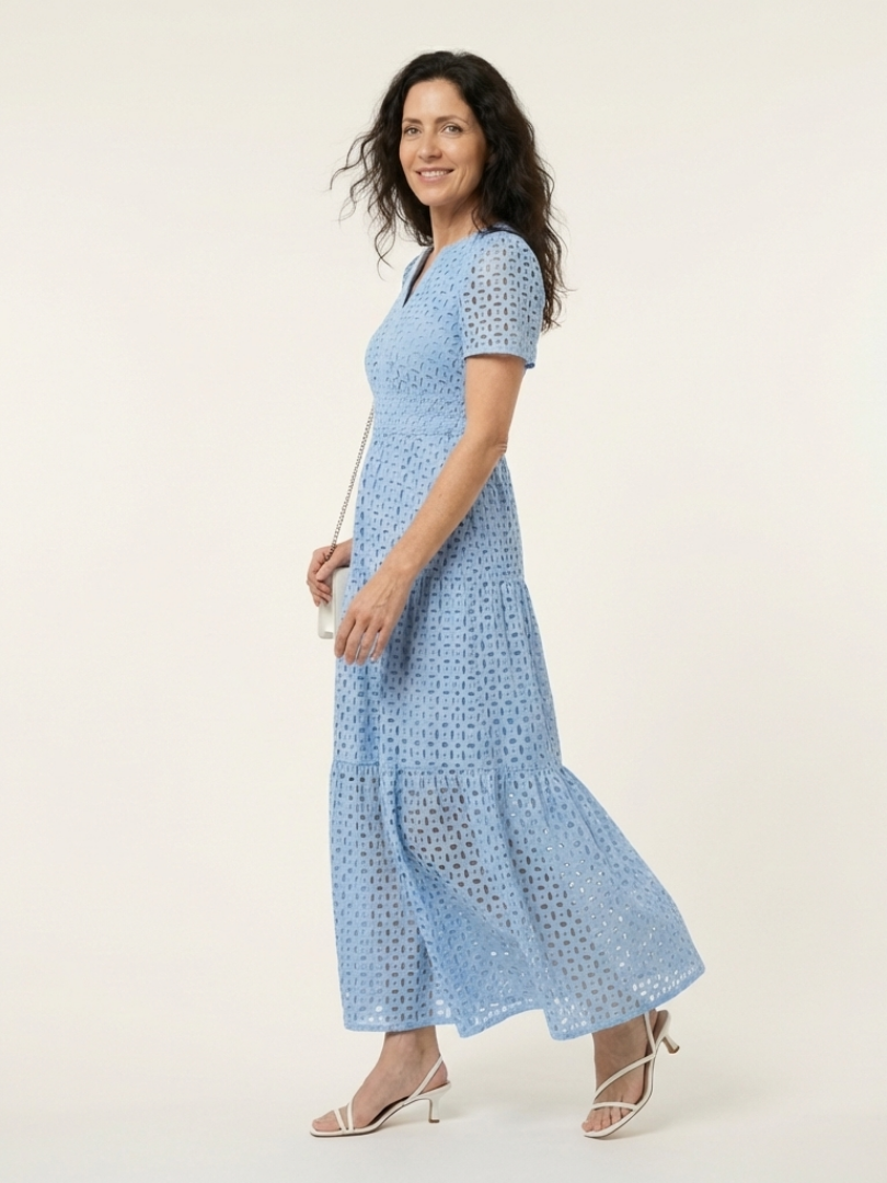 Broderie Anglaise Tiered Maxi Dress with Short Sleeves and V-Neckline