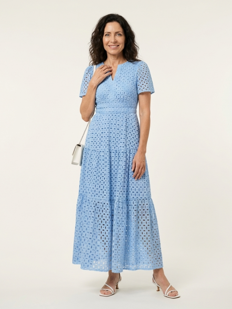 Broderie Anglaise Tiered Maxi Dress with Short Sleeves and V-Neckline