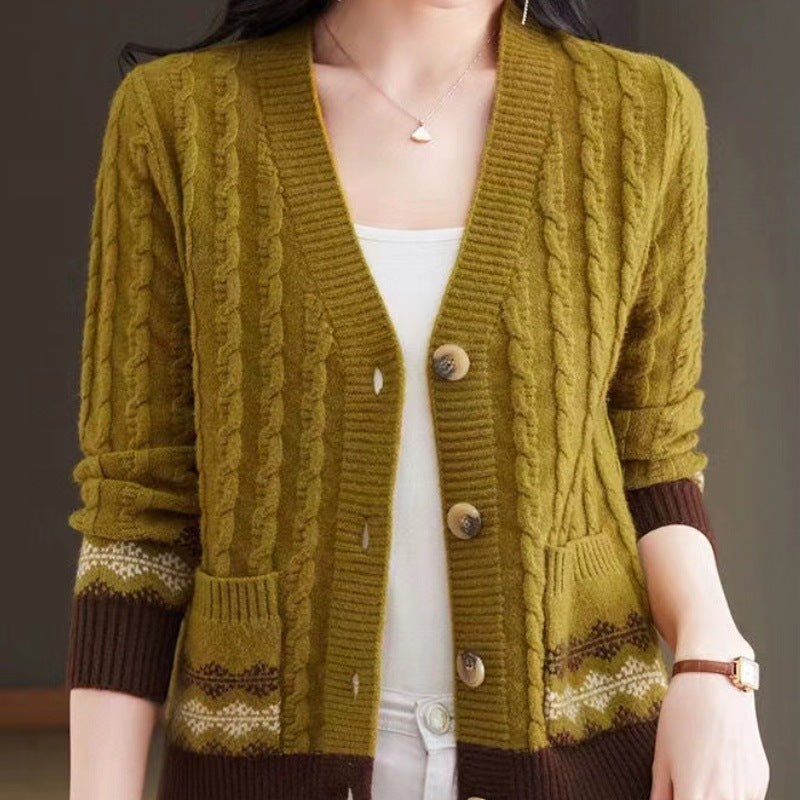 Cable Knit Cardigan with Fair Isle Trim and V-Neckline