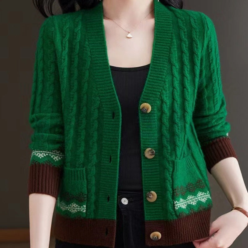 Cable Knit Cardigan with Fair Isle Trim and V-Neckline