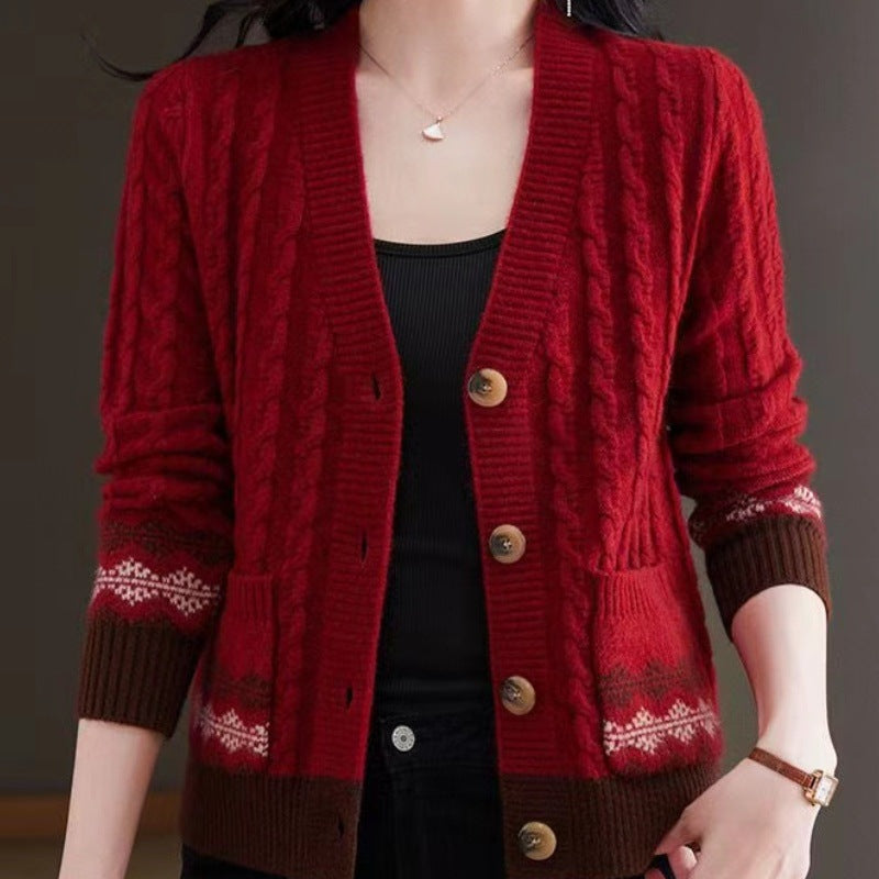 Cable Knit Cardigan with Fair Isle Trim and V-Neckline