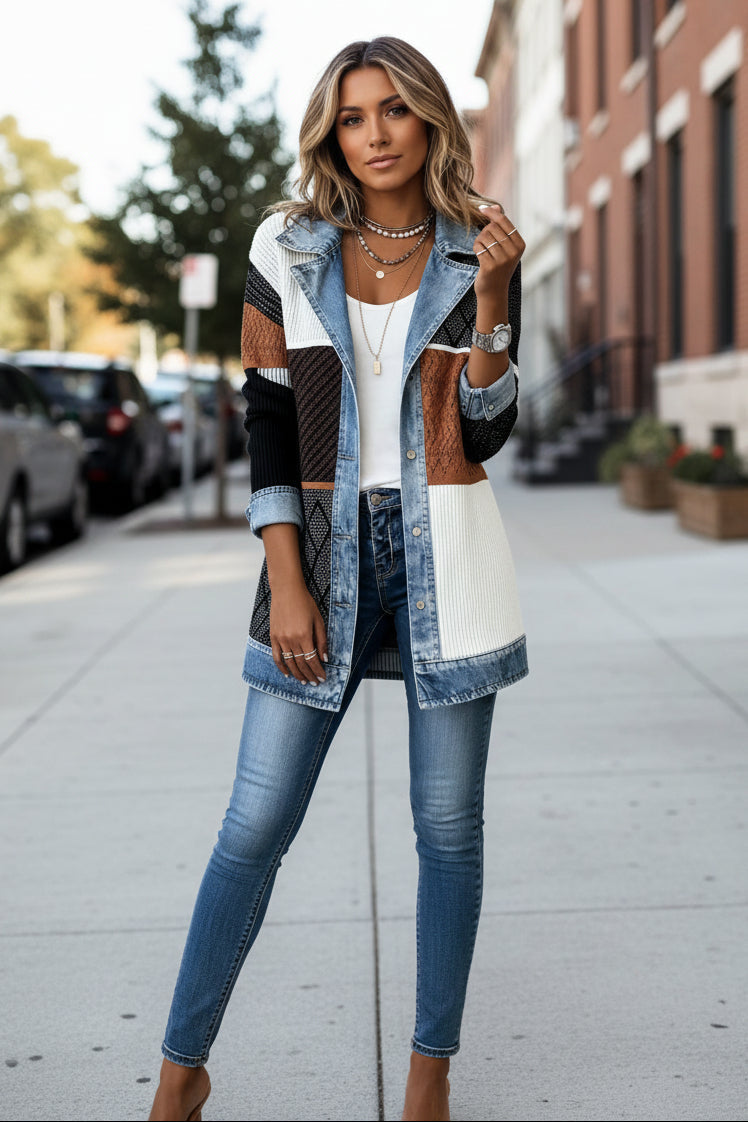 Casual Knit Cardigan Jacket with Denim Collar and Colour Block Panels