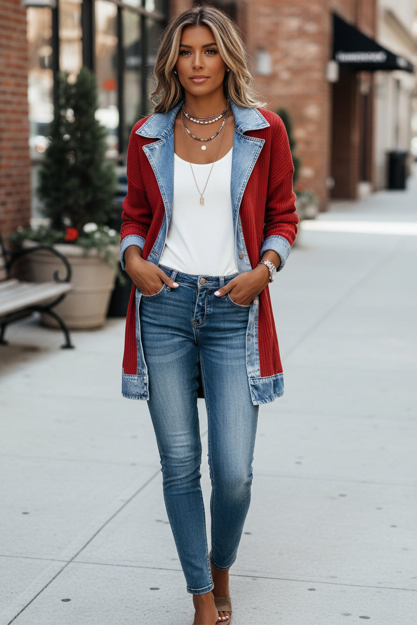 Casual Knit Cardigan Jacket with Denim Collar and Colour Block Panels
