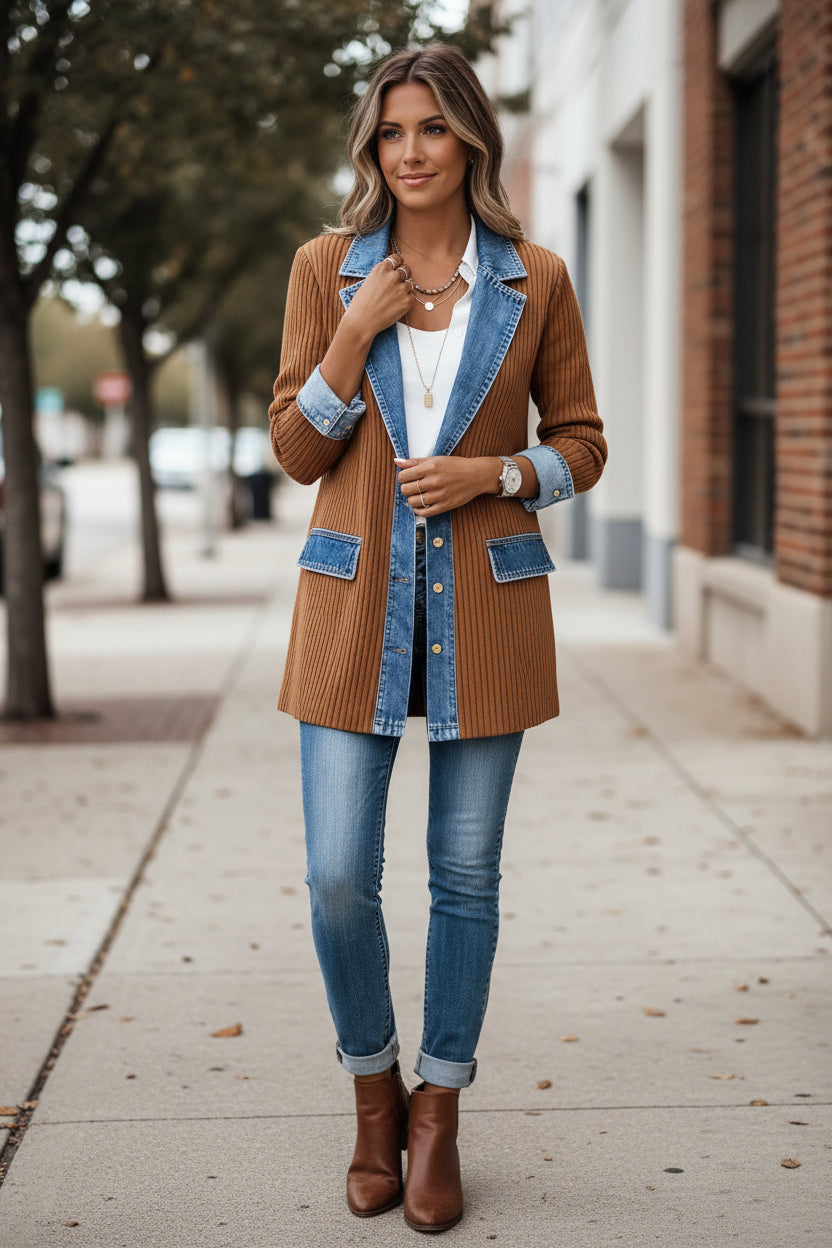 Casual Knit Cardigan Jacket with Denim Collar and Colour Block Panels