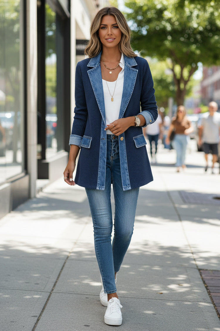 Casual Knit Cardigan Jacket with Denim Collar and Colour Block Panels