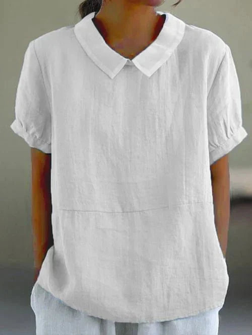 Casual Linen Blouse with Peter Pan Collar and Short Sleeves