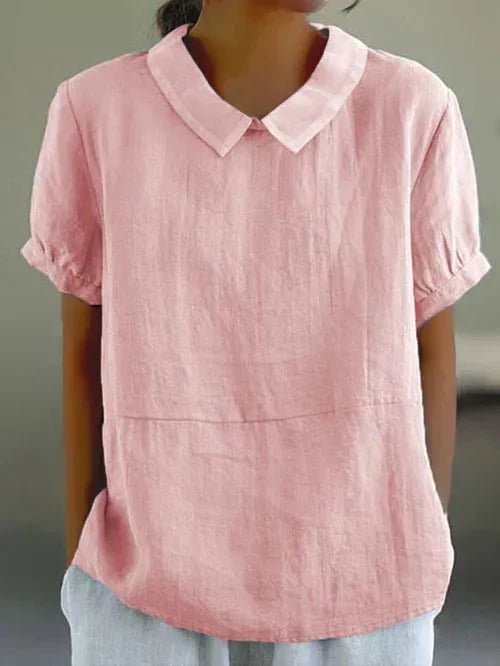 Casual Linen Blouse with Peter Pan Collar and Short Sleeves