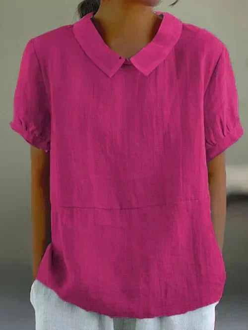Casual Linen Blouse with Peter Pan Collar and Short Sleeves