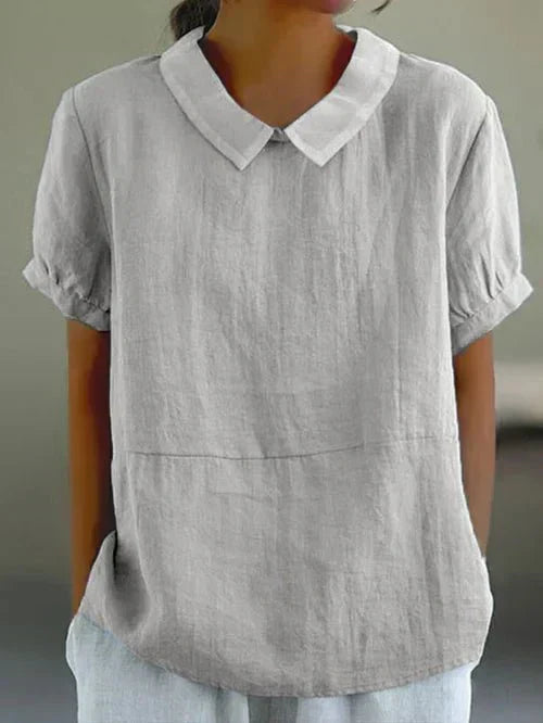 Casual Linen Blouse with Peter Pan Collar and Short Sleeves
